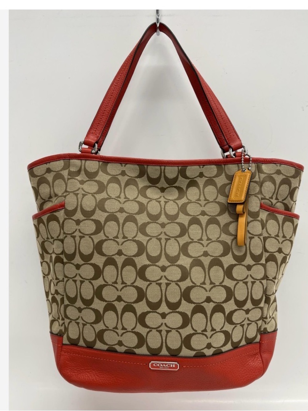 Coach Park Signature Canvas Tote in Khaki and Red